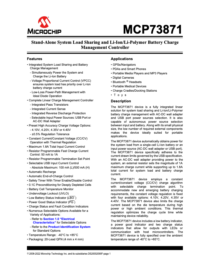 Page 1 de la notice Fiche technique Microchip MCP73871