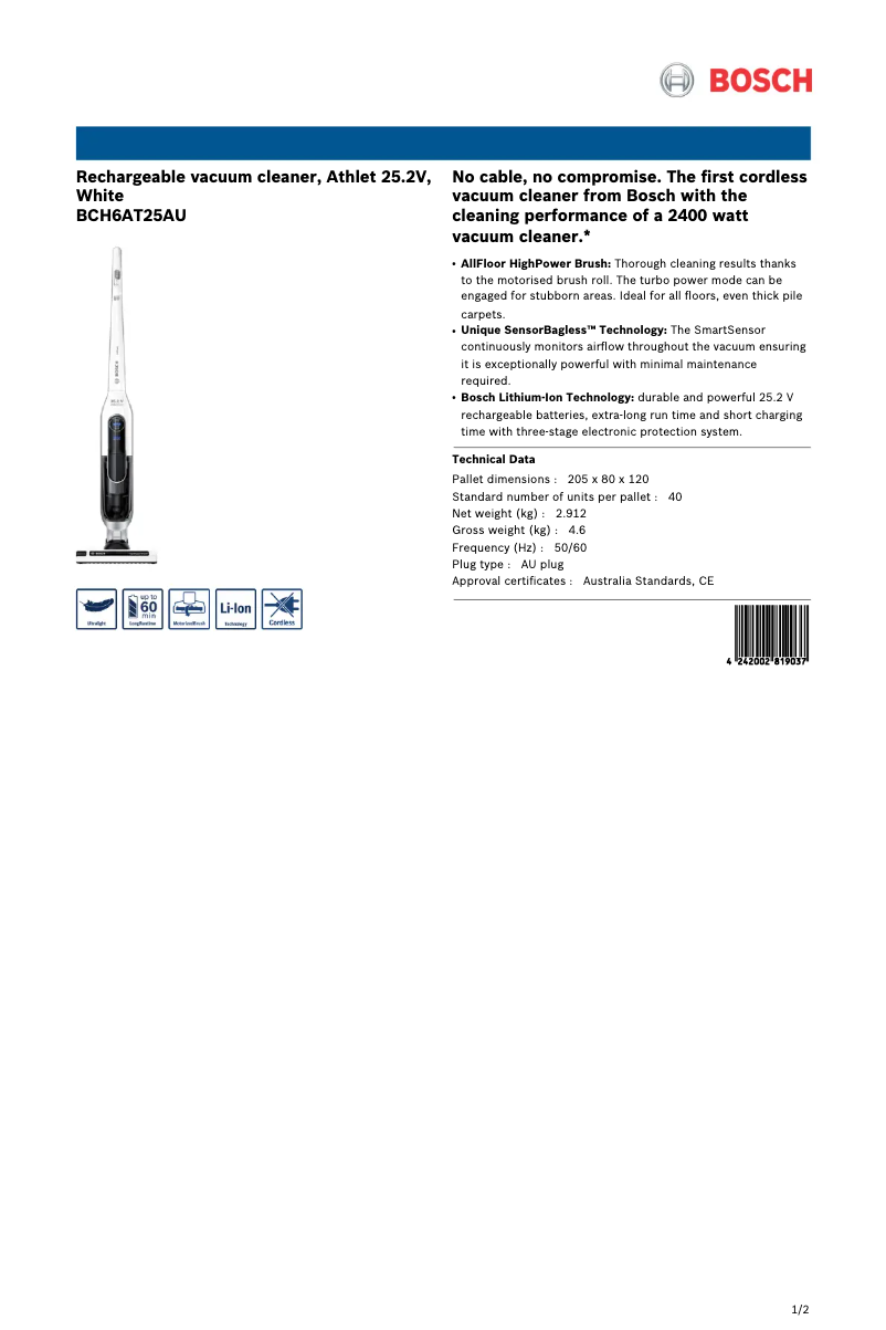 Página 1 del manual Ficha técnica Bosch Athlet BCH6AT25AU