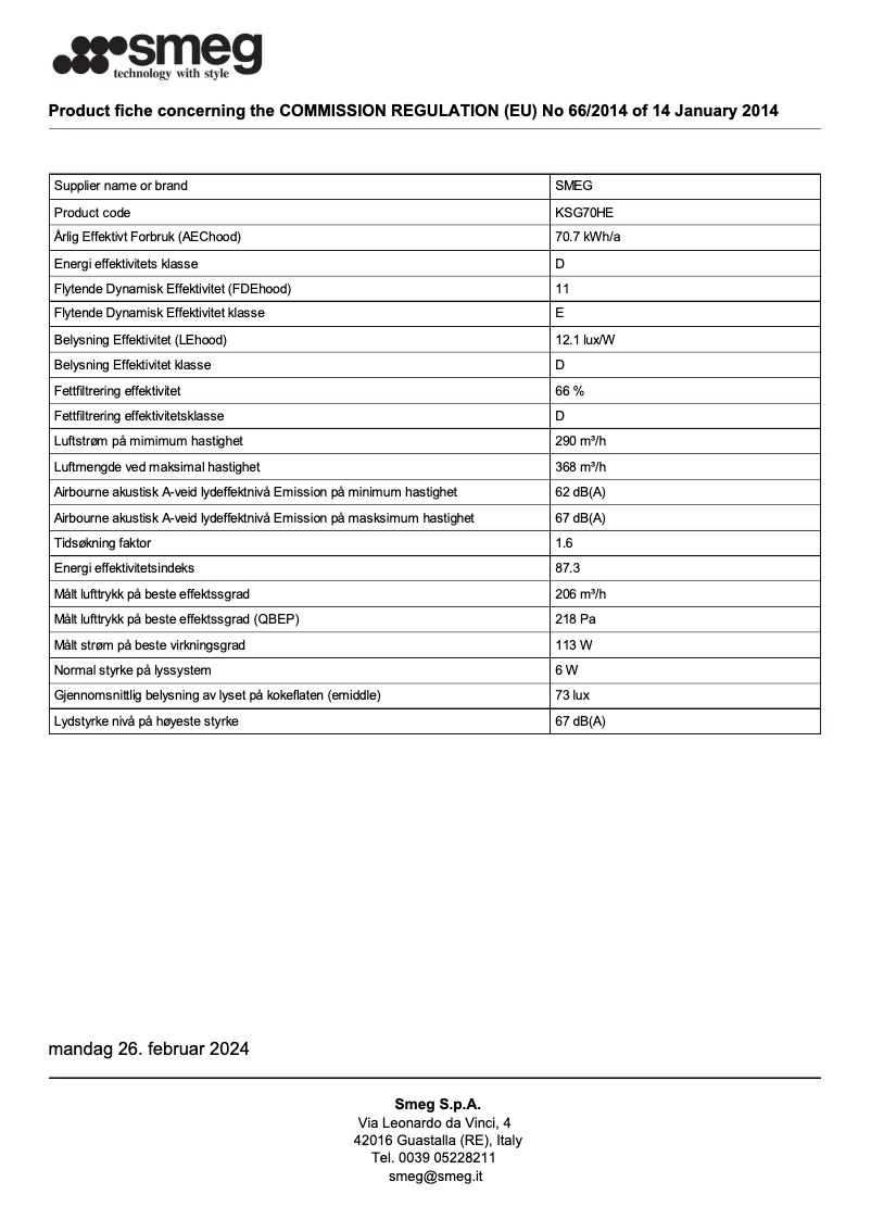 Page n°1 - Fiche technique Smeg KSG70HE