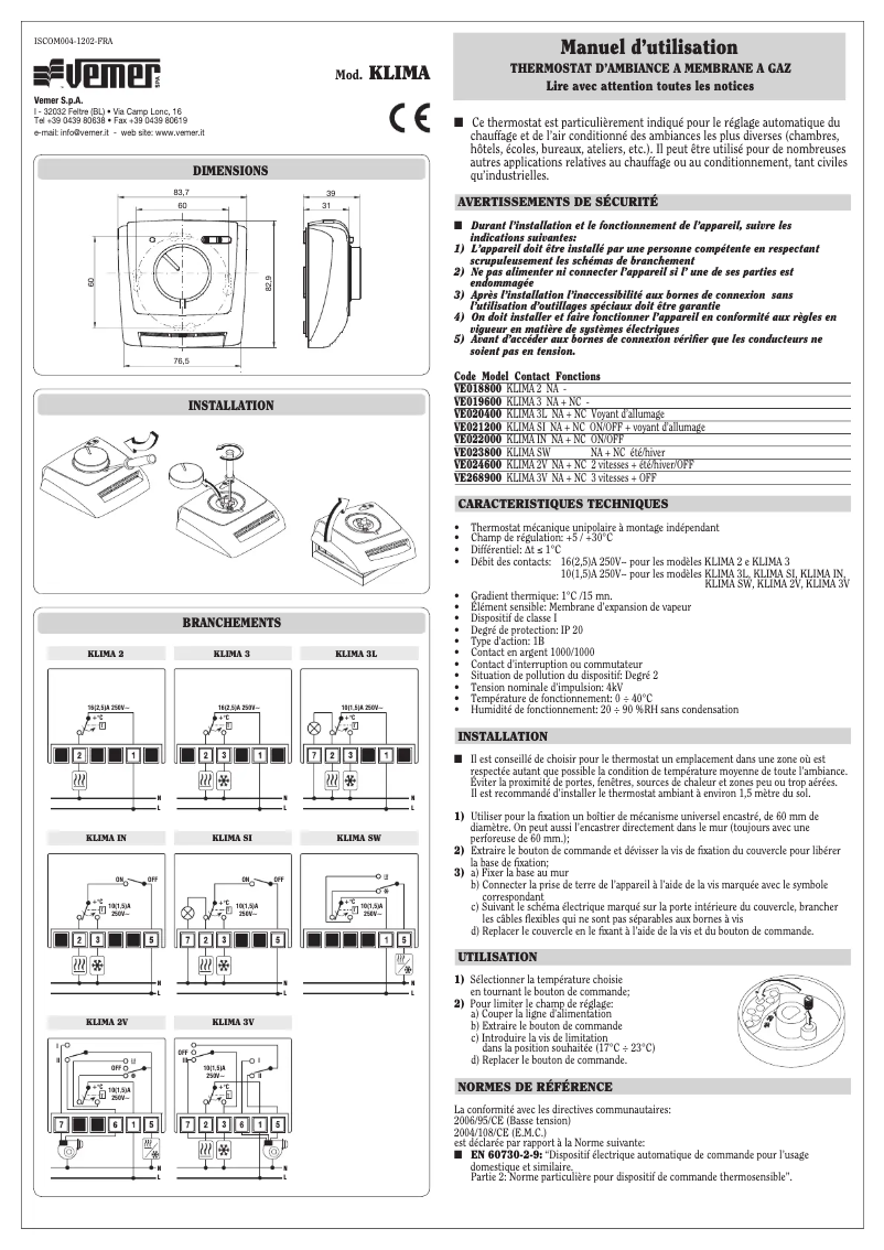 Image de la première page du manuel de l'appareil Klima SI