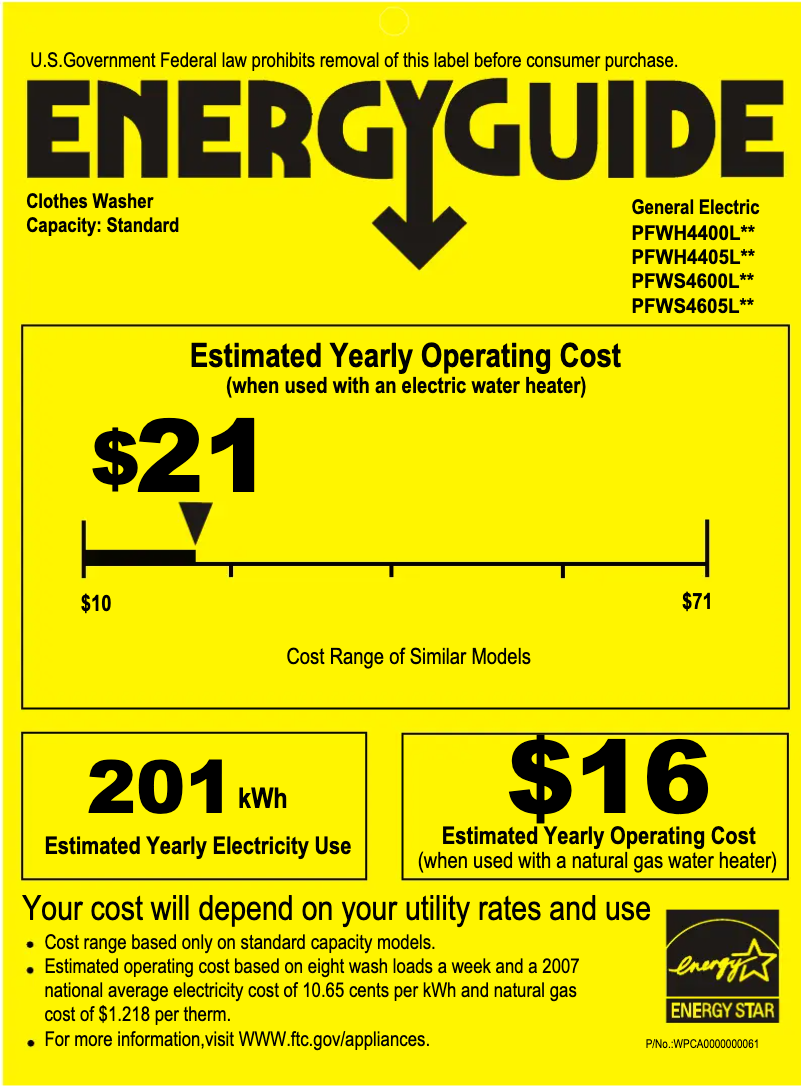 Page 1 of the manual Energy Label GE PFWS4600LWW