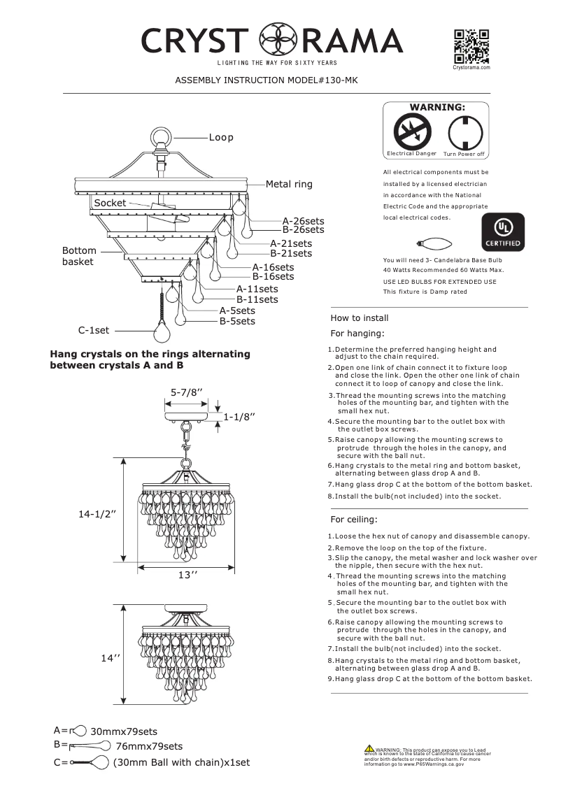 Page 1 de la notice Manuel utilisateur Crystorama Calypso 130-MK
