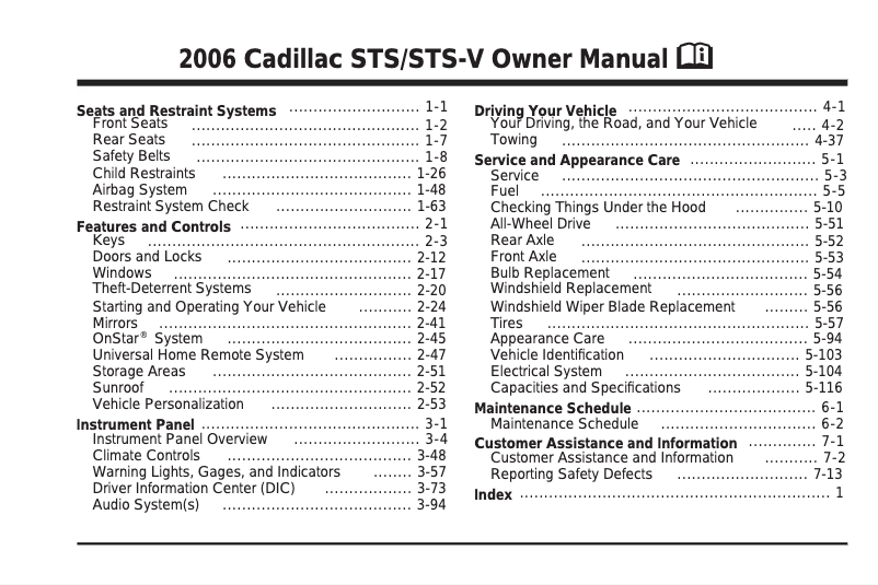 Page 1 of the manual User Manual Cadillac STS-V (2006)