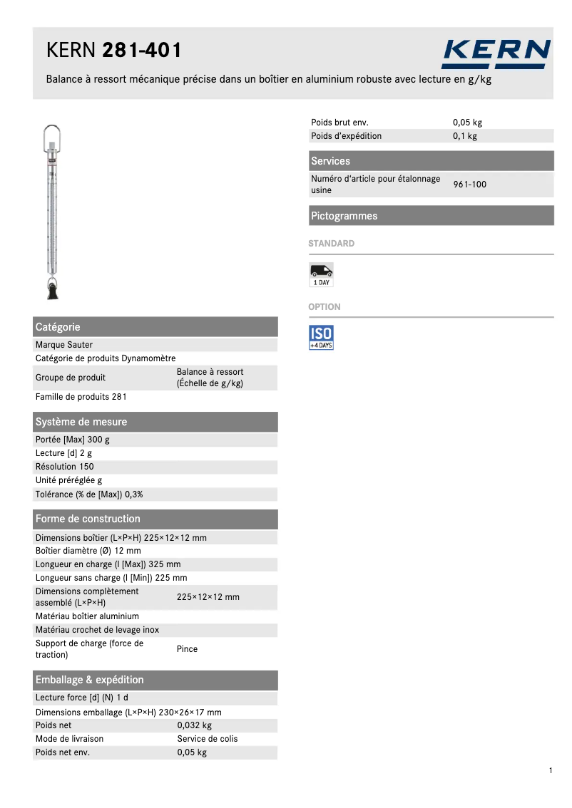 Page 1 de la notice Fiche technique Kern 281-401
