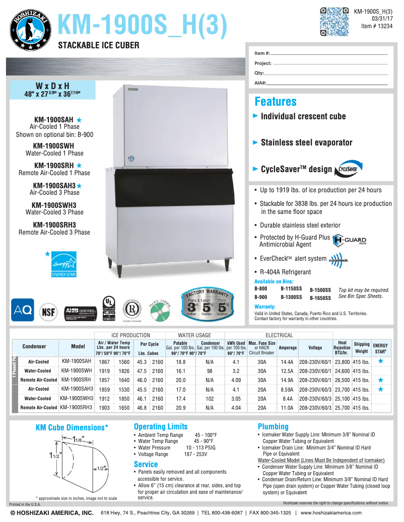 Page 1 de la notice Fiche technique Hoshizaki KM-1900SAH3