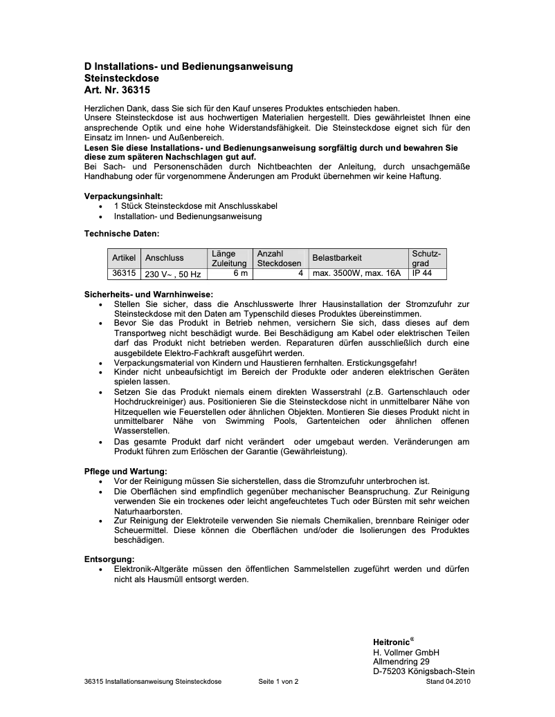 Page 1 de la notice Manuel utilisateur Heitronic 36315