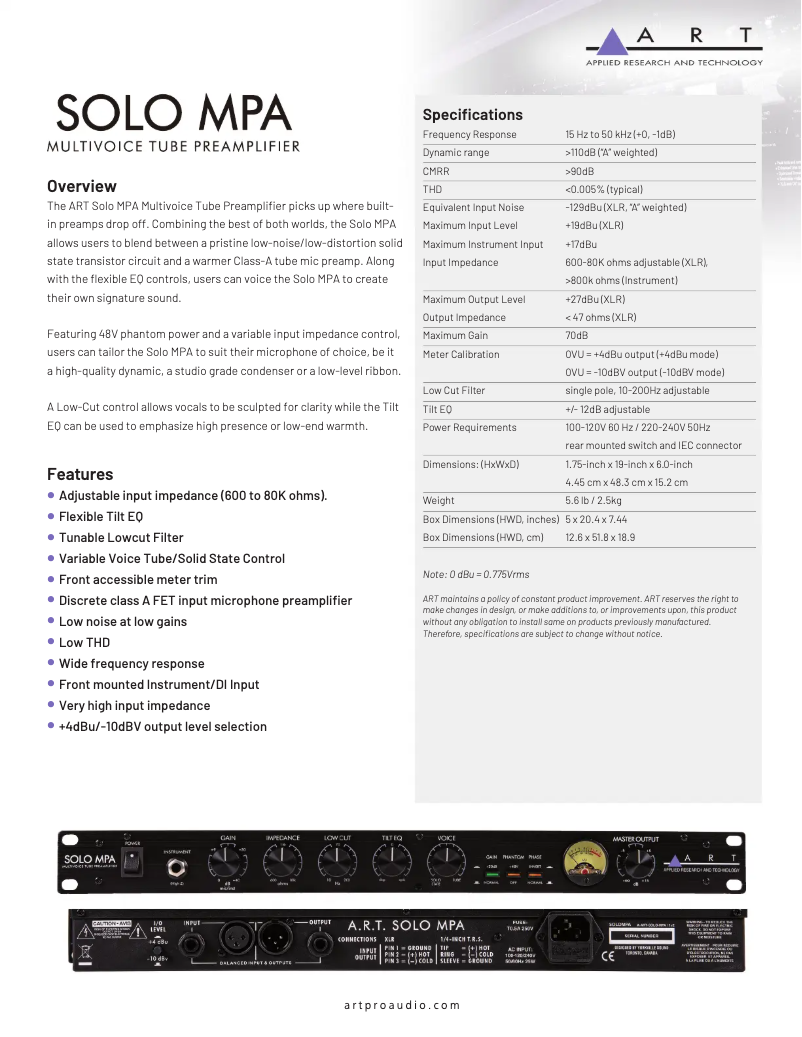 Page n°1 - Fiche technique ART SOLO MPA