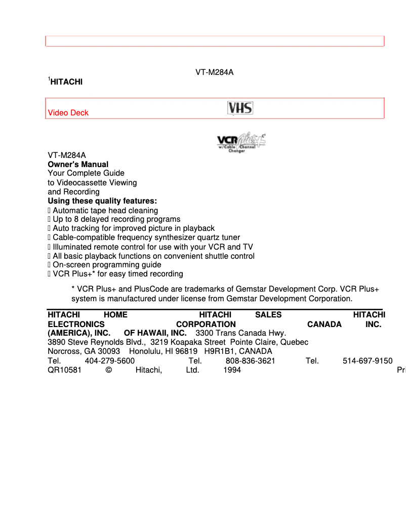Page 1 de la notice Manuel utilisateur Hitachi VT-M284A