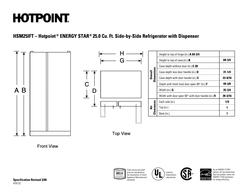Page 1 de la notice Fiche technique Hotpoint HSM25IFTSA