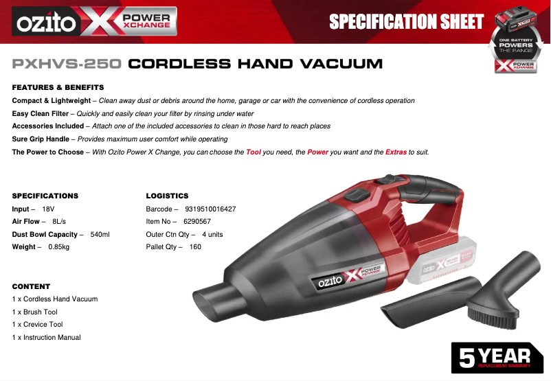 Page 1 de la notice Fiche technique Ozito PXHVS-250