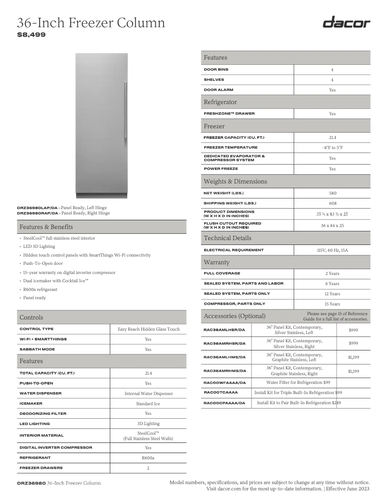 Page 1 de la notice Fiche technique Dacor Modernist DRZ36980RAP