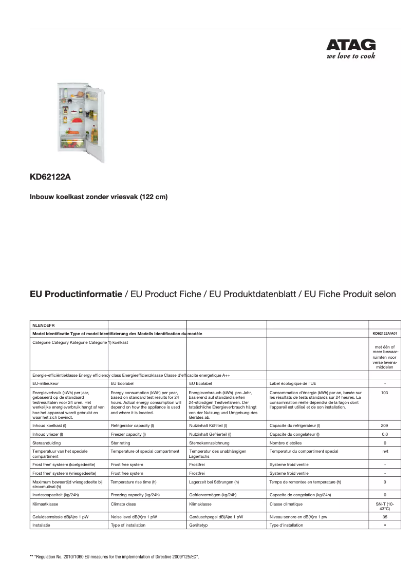 Page 1 de la notice Fiche technique Atag KD62122A