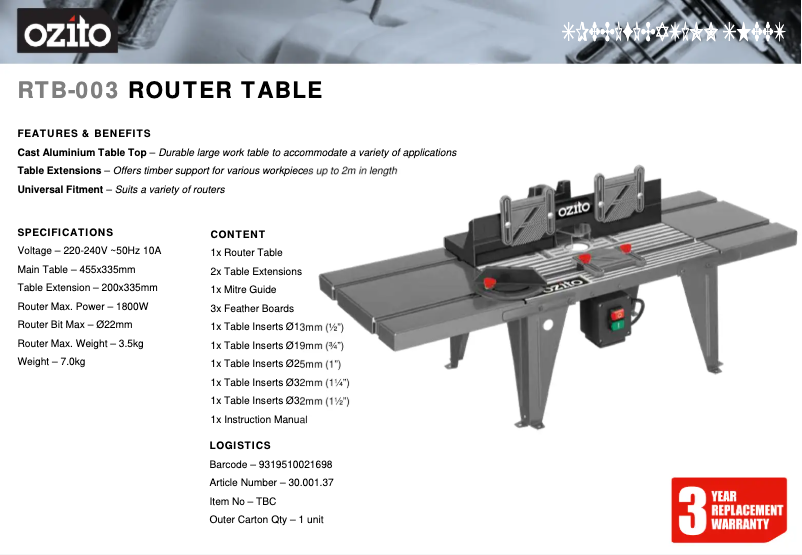 Page 1 de la notice Fiche technique Ozito RTB-003