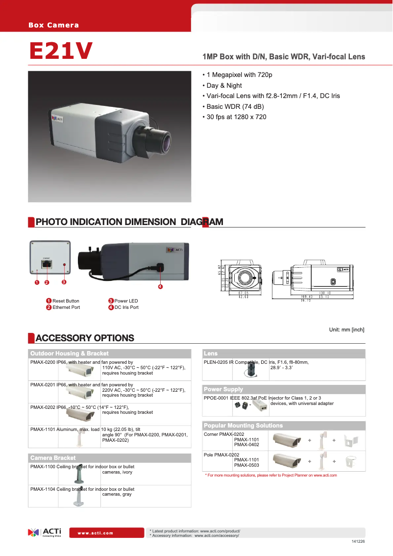 Page 1 de la notice Fiche technique ACTi E21V