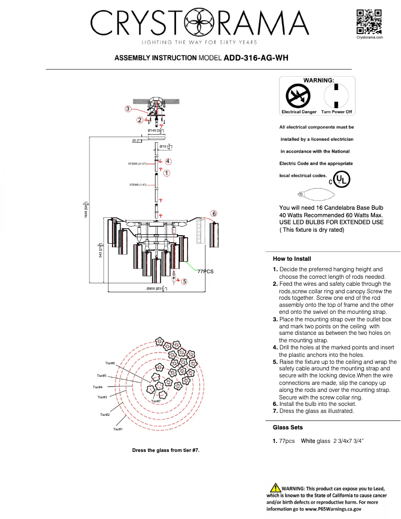 Page 1 de la notice Manuel utilisateur Crystorama Addis ADD-316-AG-WH
