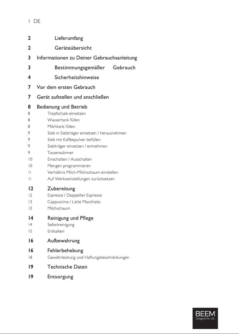 Page n°1 - Manuel utilisateur BEEM Espresso Classico II