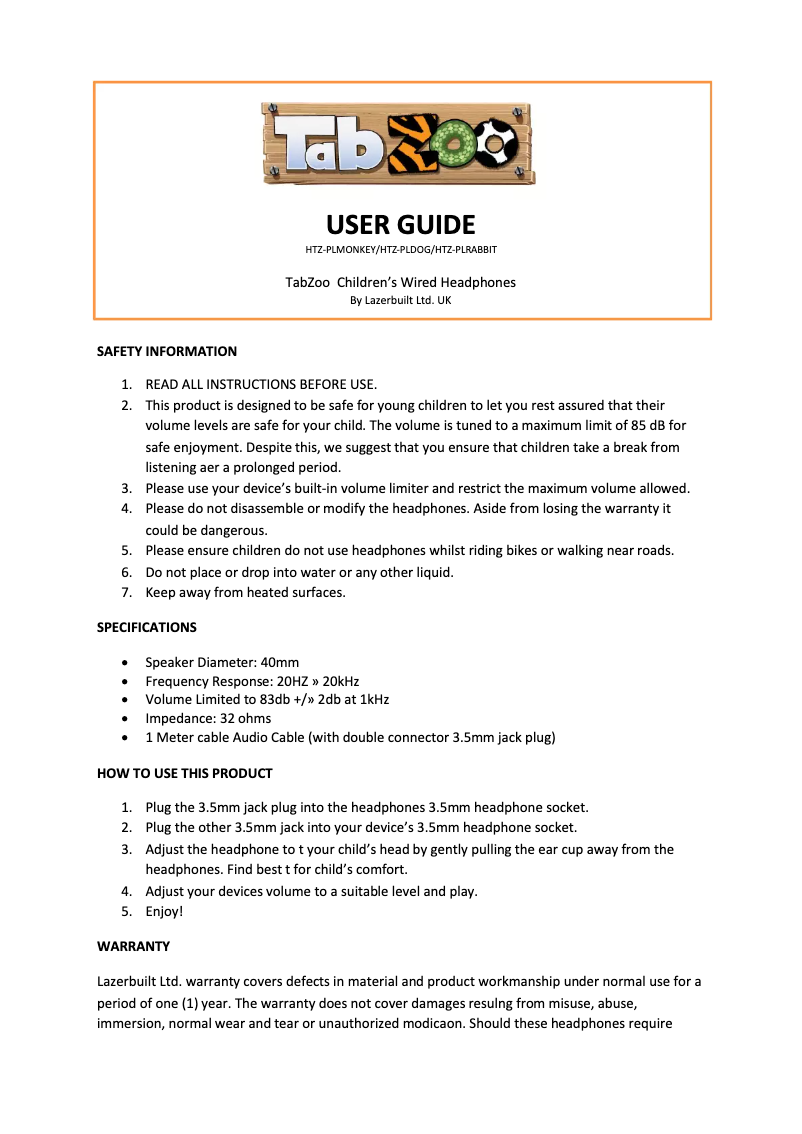 Página 1 del manual Manual de usuario TabZoo Children’s Wired Headphones