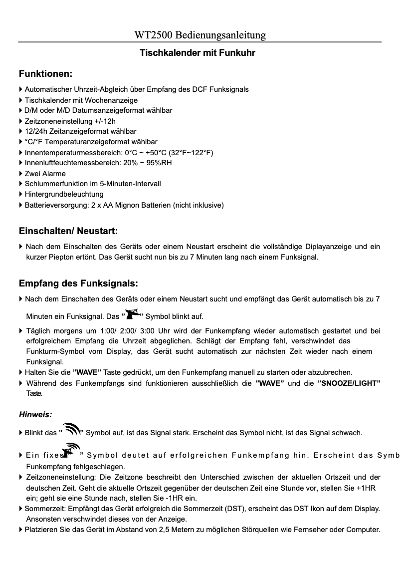 Page n°1 - Manuel utilisateur Techno Line WT 2500