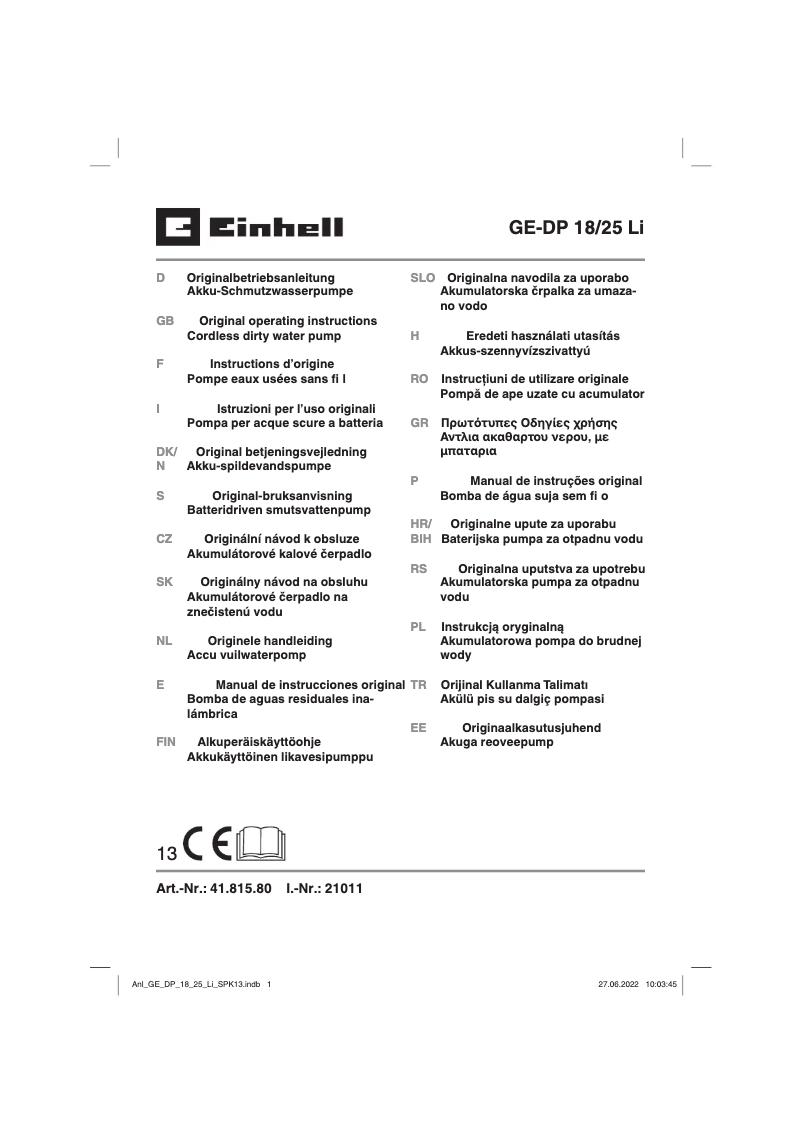 Page 1 de la notice Manuel utilisateur Einhell GE-DP 18/25 Li