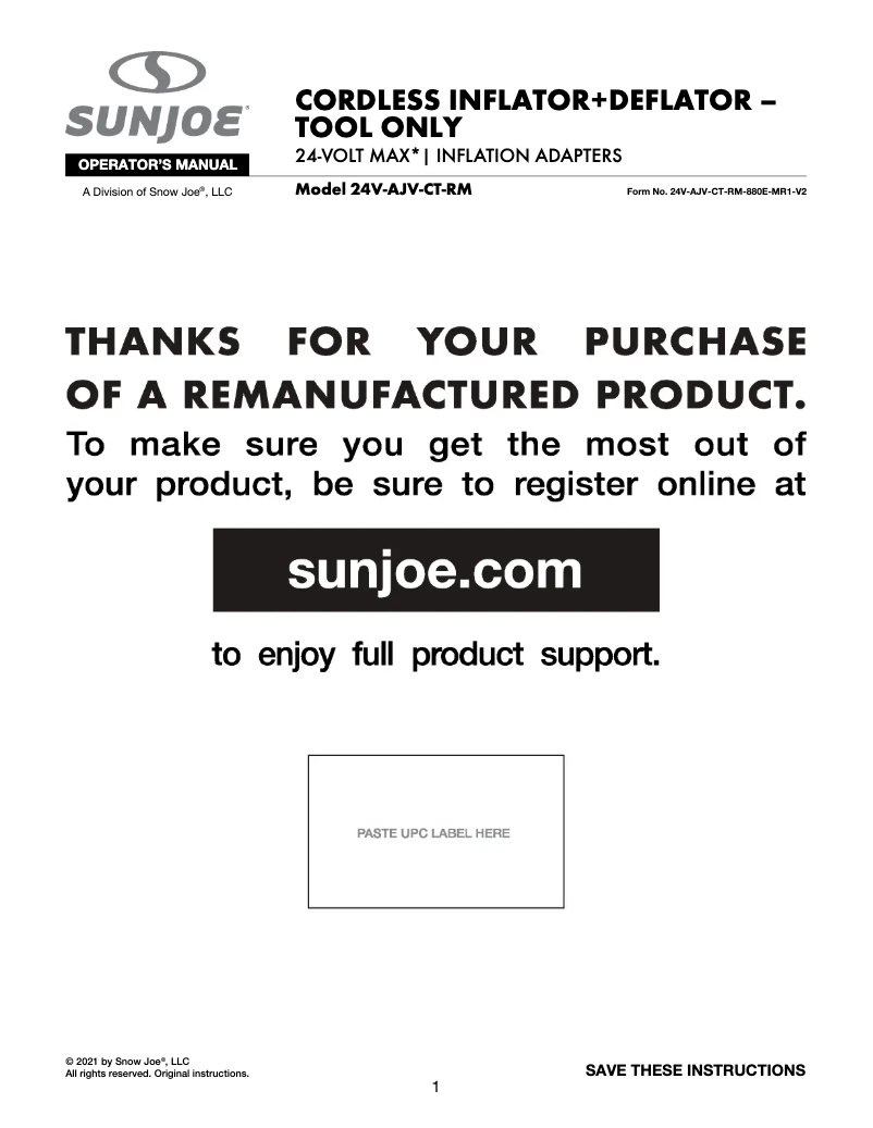 Page 1 de la notice Manuel utilisateur Sun Joe 24V-AJV-CT-RM