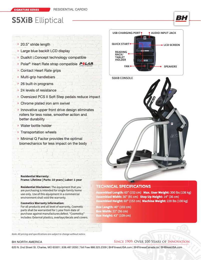 Page 1 de la notice Fiche technique BH Fitness S5XiB