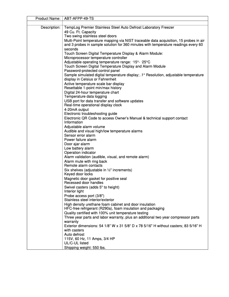 Page 1 de la notice Manuel utilisateur American BioTech Supply ABT-AFPP-49-TS