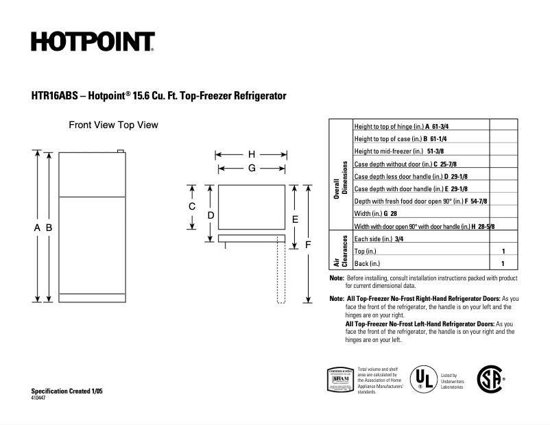 Page 1 de la notice Fiche technique Hotpoint HTR16ABSRWW