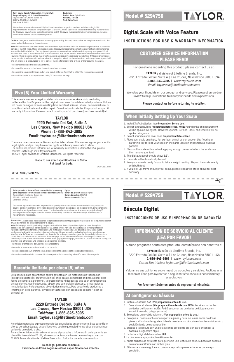 Page 1 de la notice Manuel utilisateur Taylor 5294756