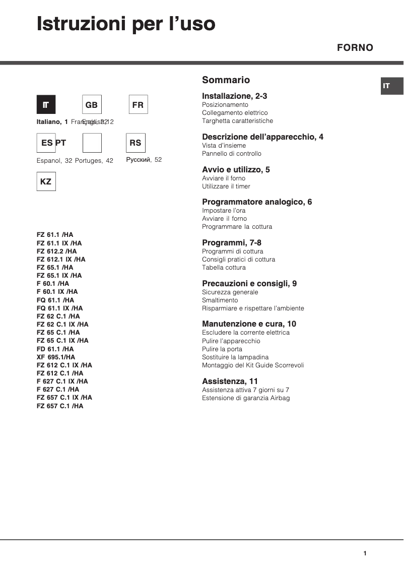 Page 1 de la notice Manuel utilisateur Hotpoint Ariston FD 61.1 (CH)/HA