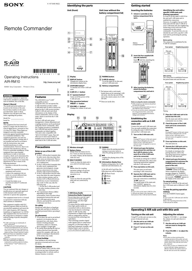 Page n°1 - Manuel utilisateur Sony Altus AIR-RM10