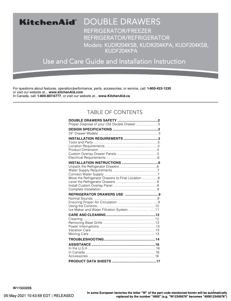 Page 1 de la notice Manuel utilisateur KitchenAid KURR314KBS