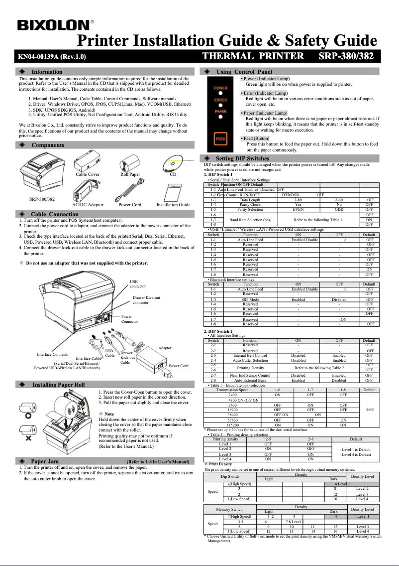 Page 1 de la notice Guide d'installation Bixolon SRP-380