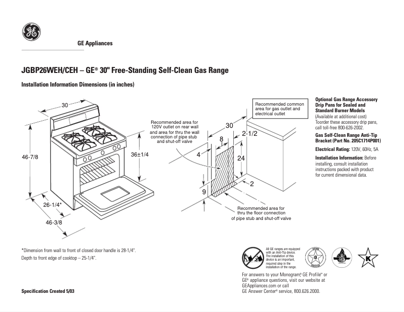 Página 1 del manual Ficha técnica GE JGBP26CEHCC