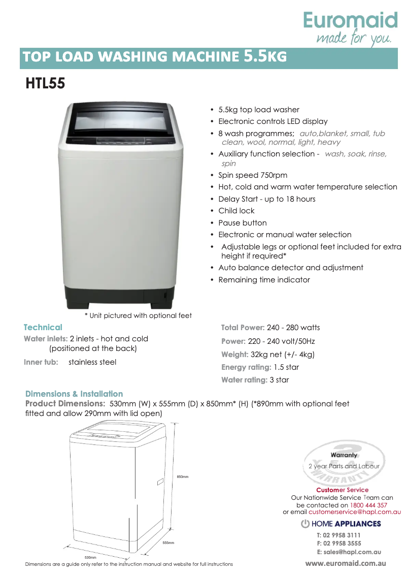 Page 1 de la notice Fiche technique Euromaid HTL55