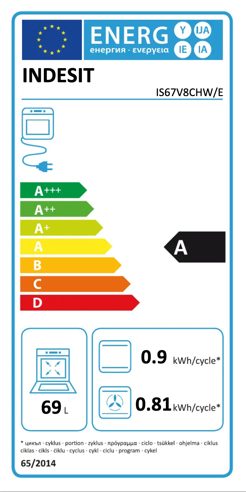 Page n°1 - Label énergétique Indesit IS67V8CHW/E