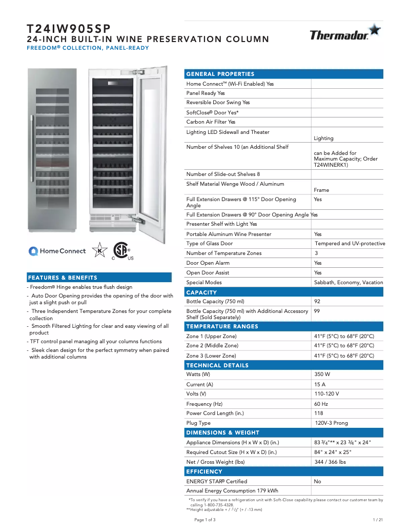 Page 1 de la notice Fiche technique Thermador T24IW905SP