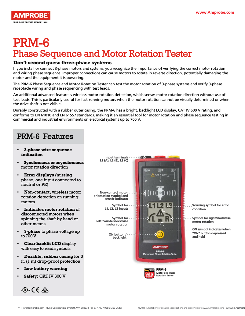 Page 1 de la notice Fiche technique Amprobe PRM-6