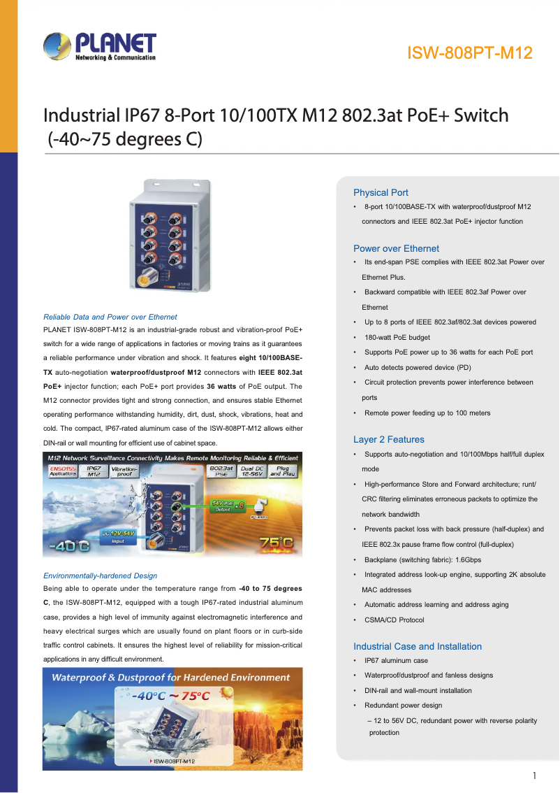 Page 1 de la notice Fiche technique Planet ISW-808PT-M12