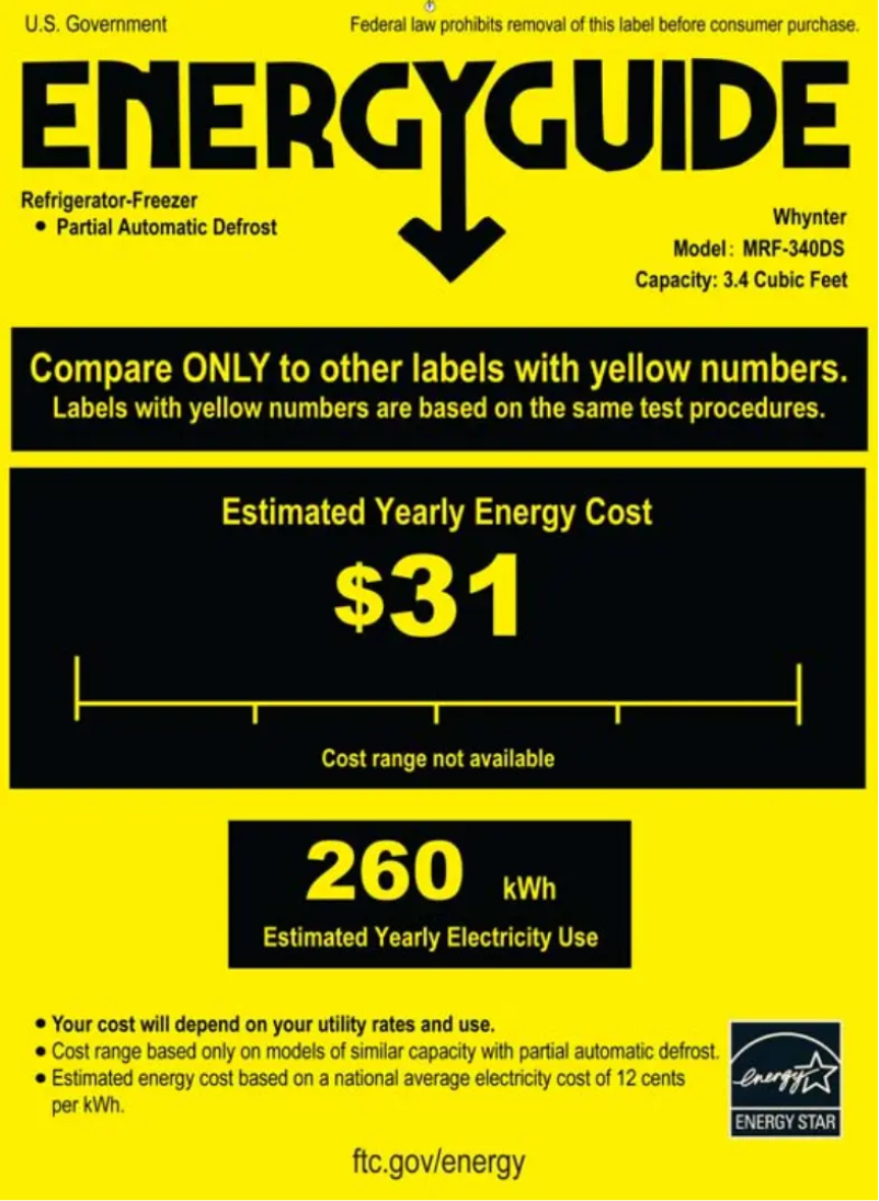Page n°1 - Label énergétique Whynter MRF-340DS