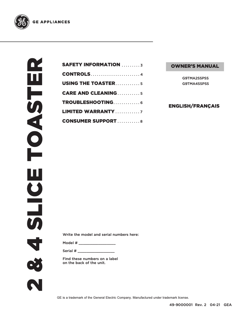 Página 1 del manual Manual de uso y mantenimiento GE G9TMA2SSPSS