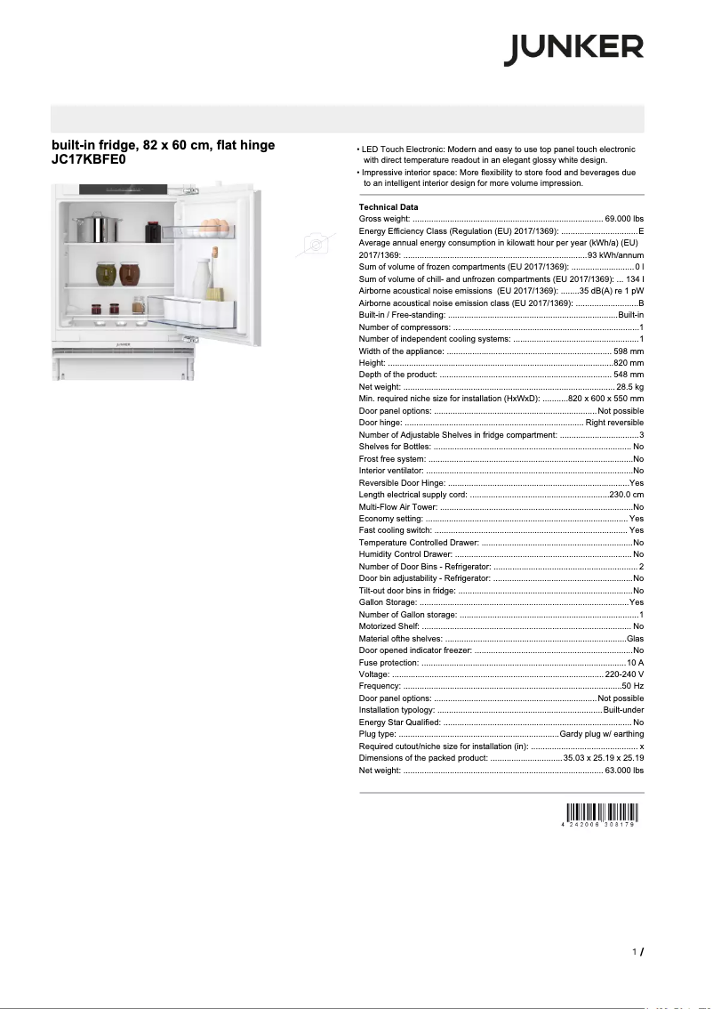 Page 1 de la notice Fiche technique Junker JC17KBFE0