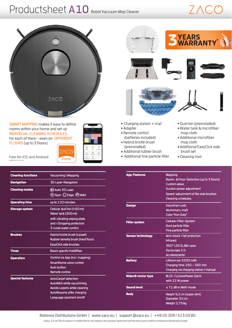 Page 1 de la notice Fiche technique Zaco A10