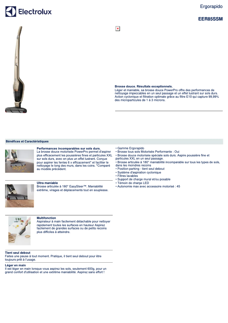 Page 1 de la notice Fiche technique Electrolux EER85SSM