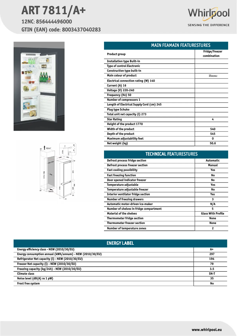 Page 1 de la notice Fiche technique Whirlpool ART 7811/A+