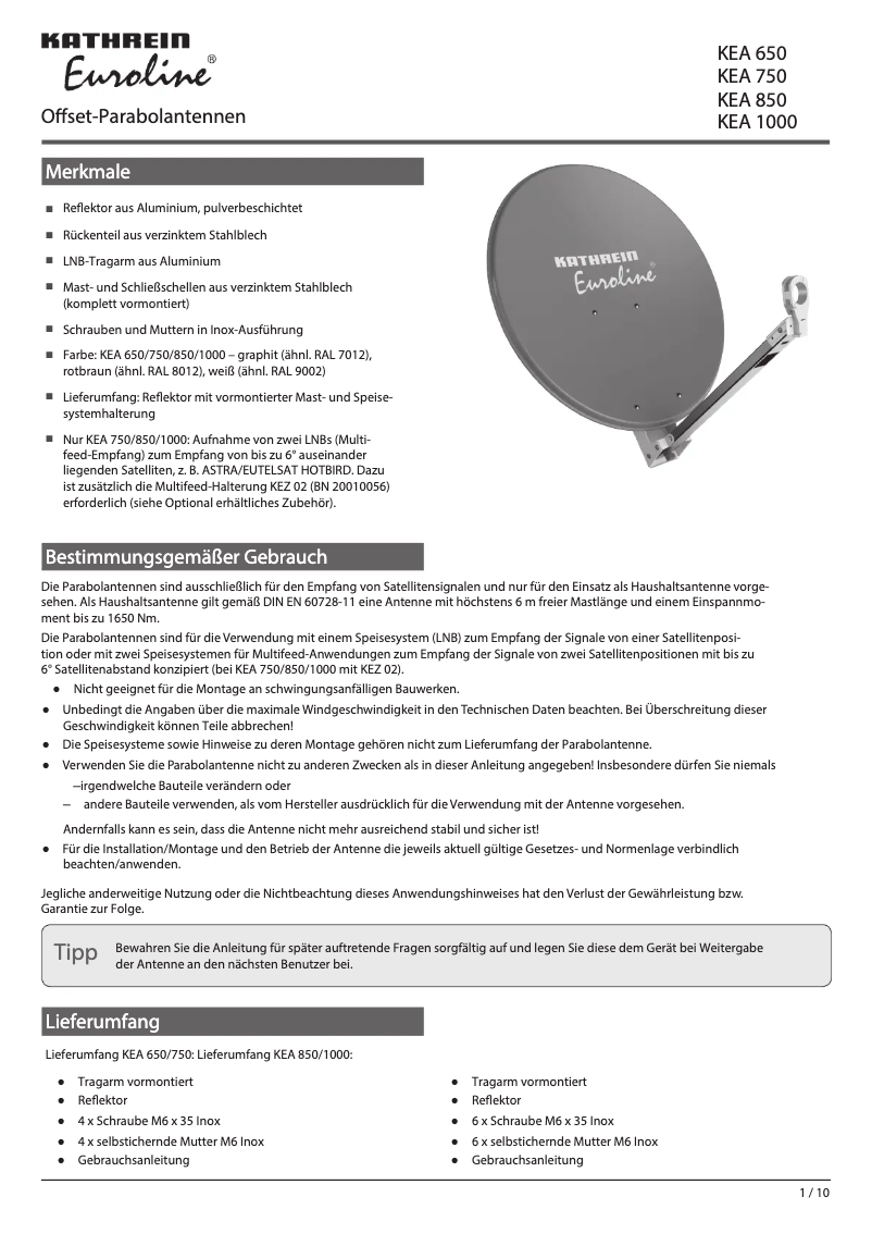 Page 1 de la notice Manuel utilisateur Kathrein Euroline KEA 650