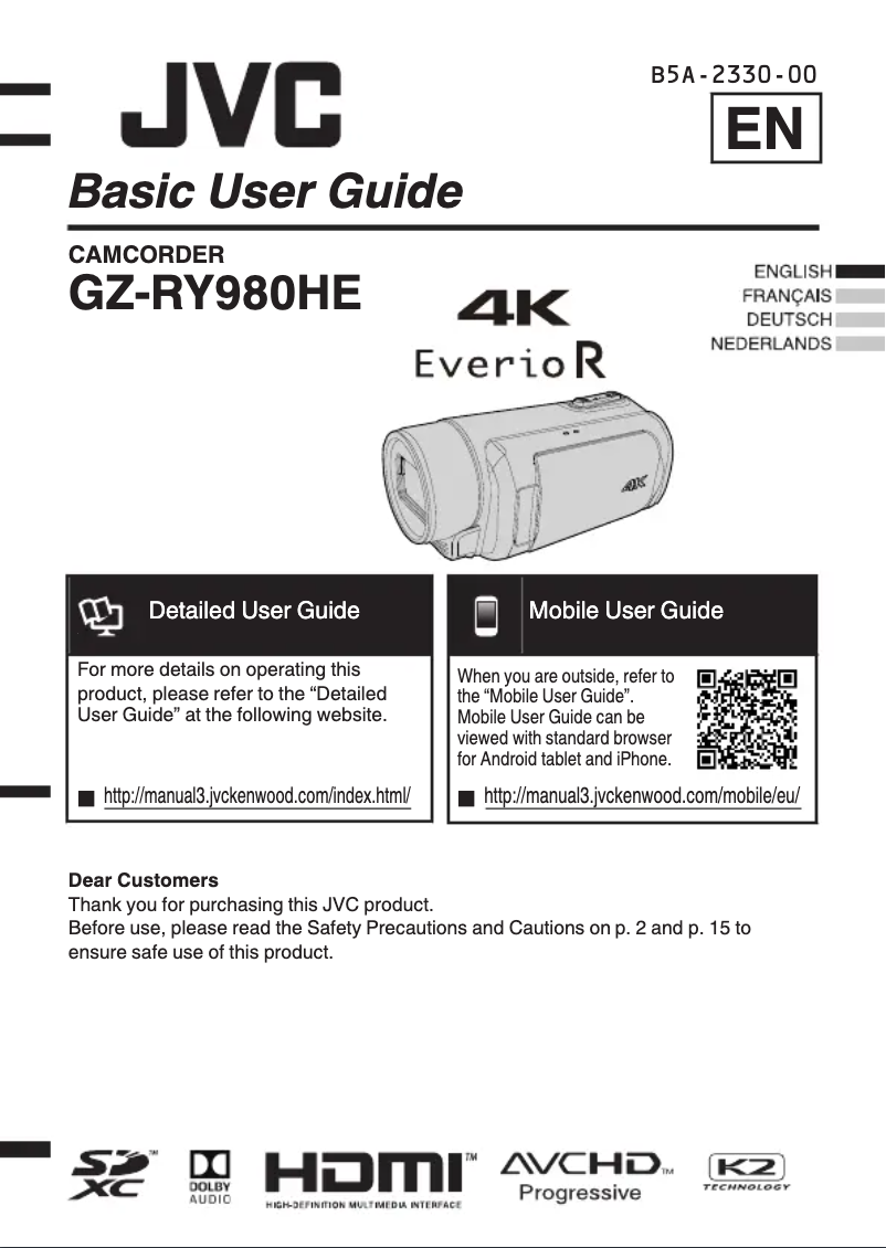 Image de la première page du manuel de l'appareil GZ-RY980HEU