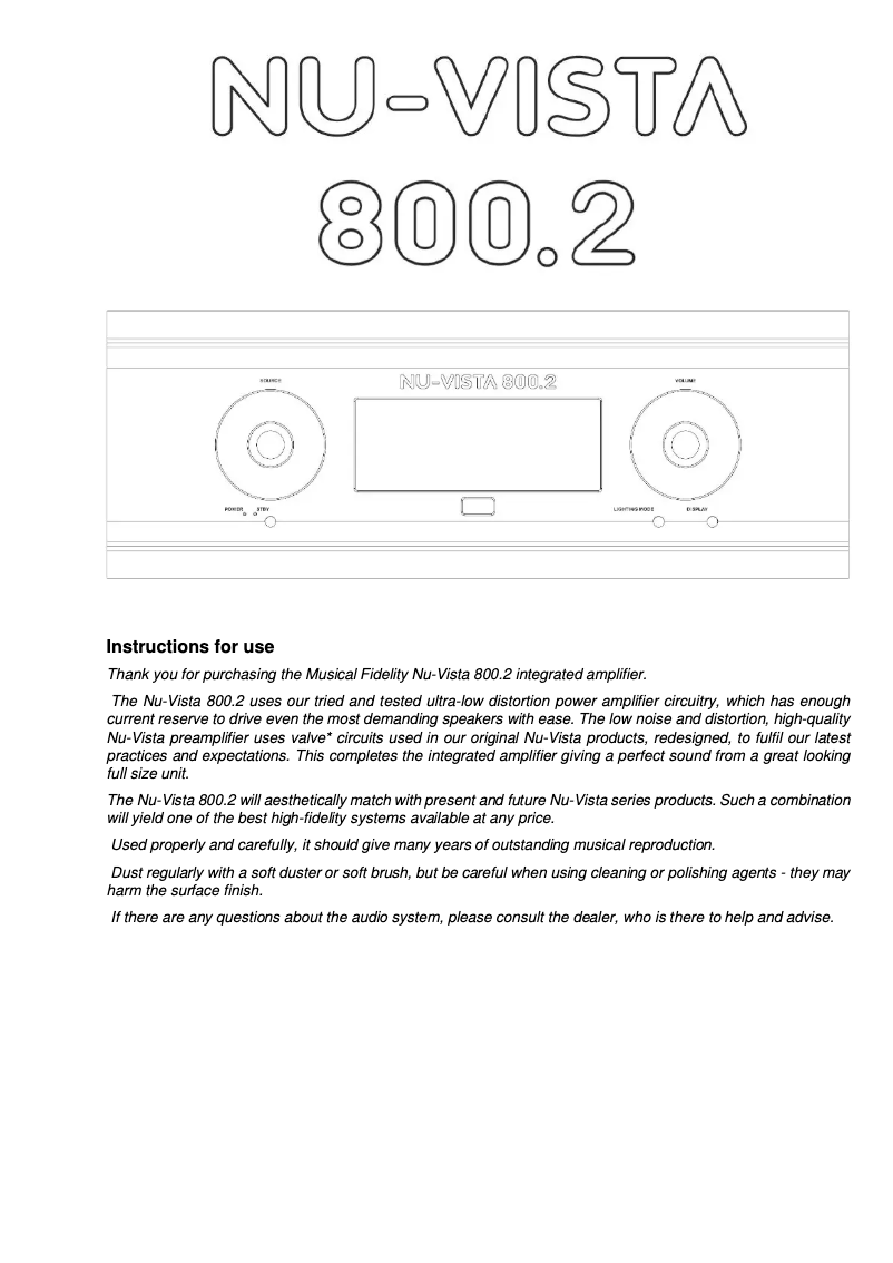 Page 1 de la notice Manuel utilisateur Musical Fidelity Nu-Vista 800.2