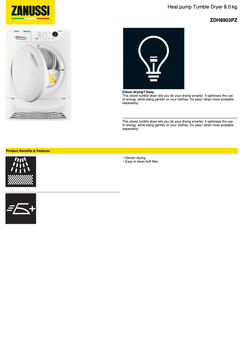 Page 1 de la notice Fiche technique Zanussi ZDH8903PZ