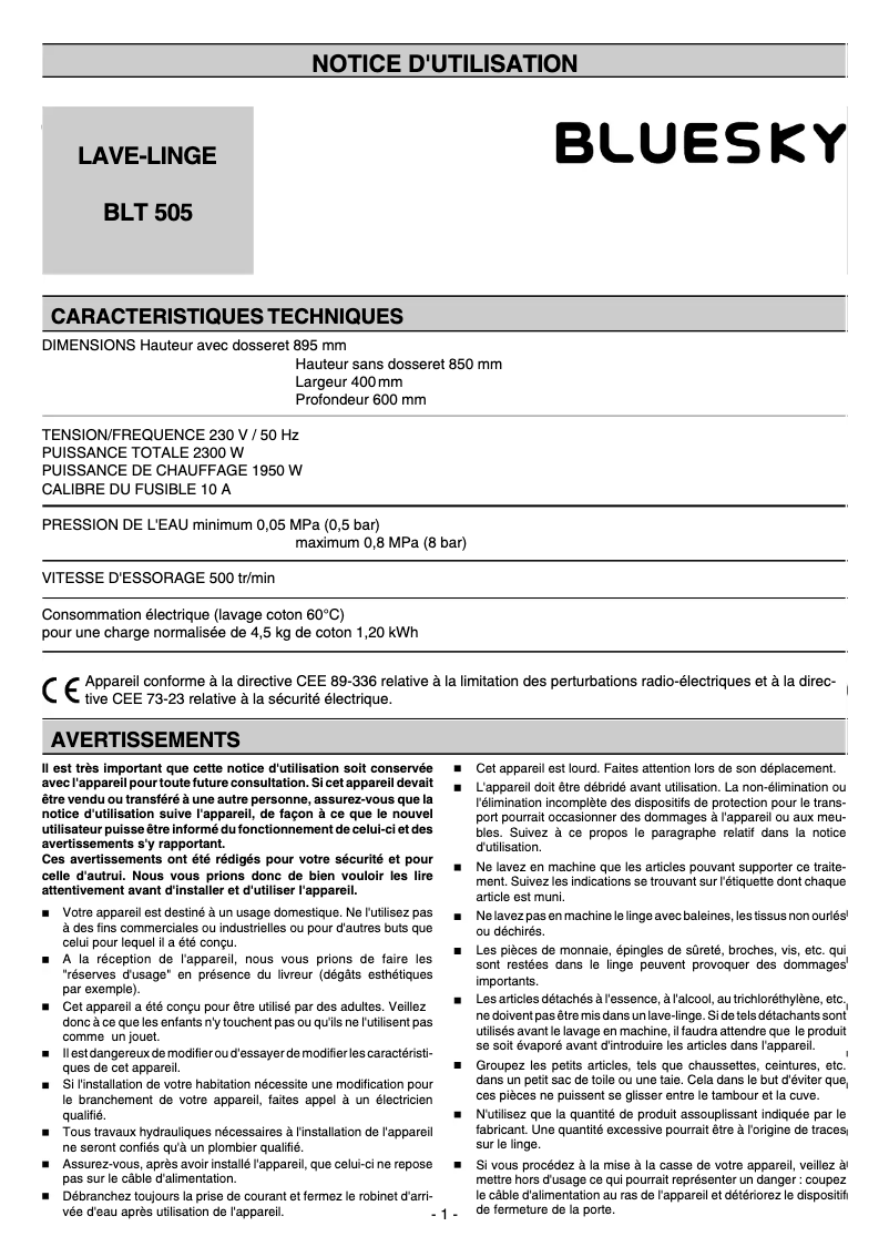 Page 1 de la notice Manuel utilisateur Bluesky BLT 505