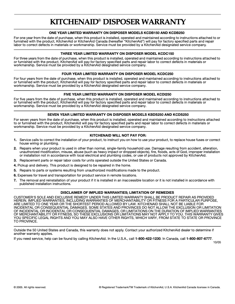 Page 1 de la notice Informations de garantie KitchenAid KCDB250G